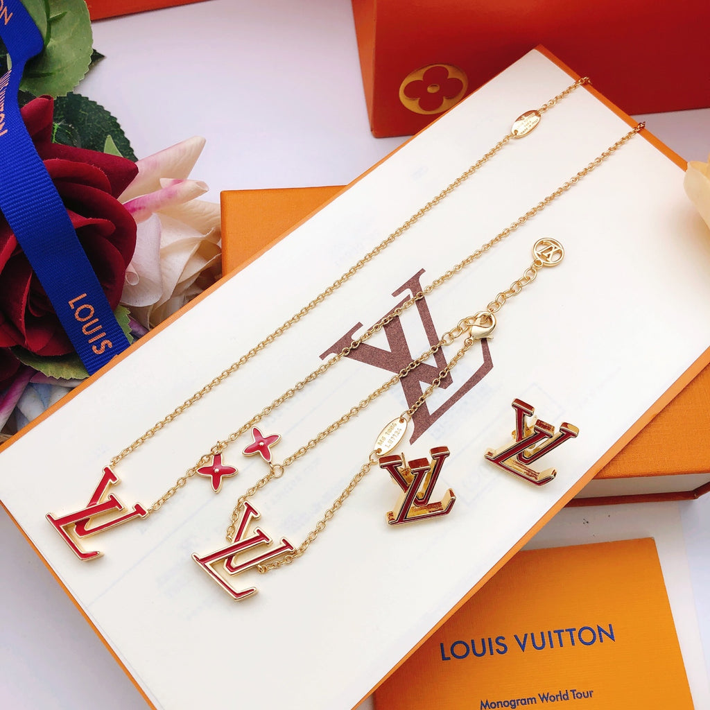 Geometric Emblem Stud Earrings in Gold-Tone – Red Detail – Design 004 styled product view