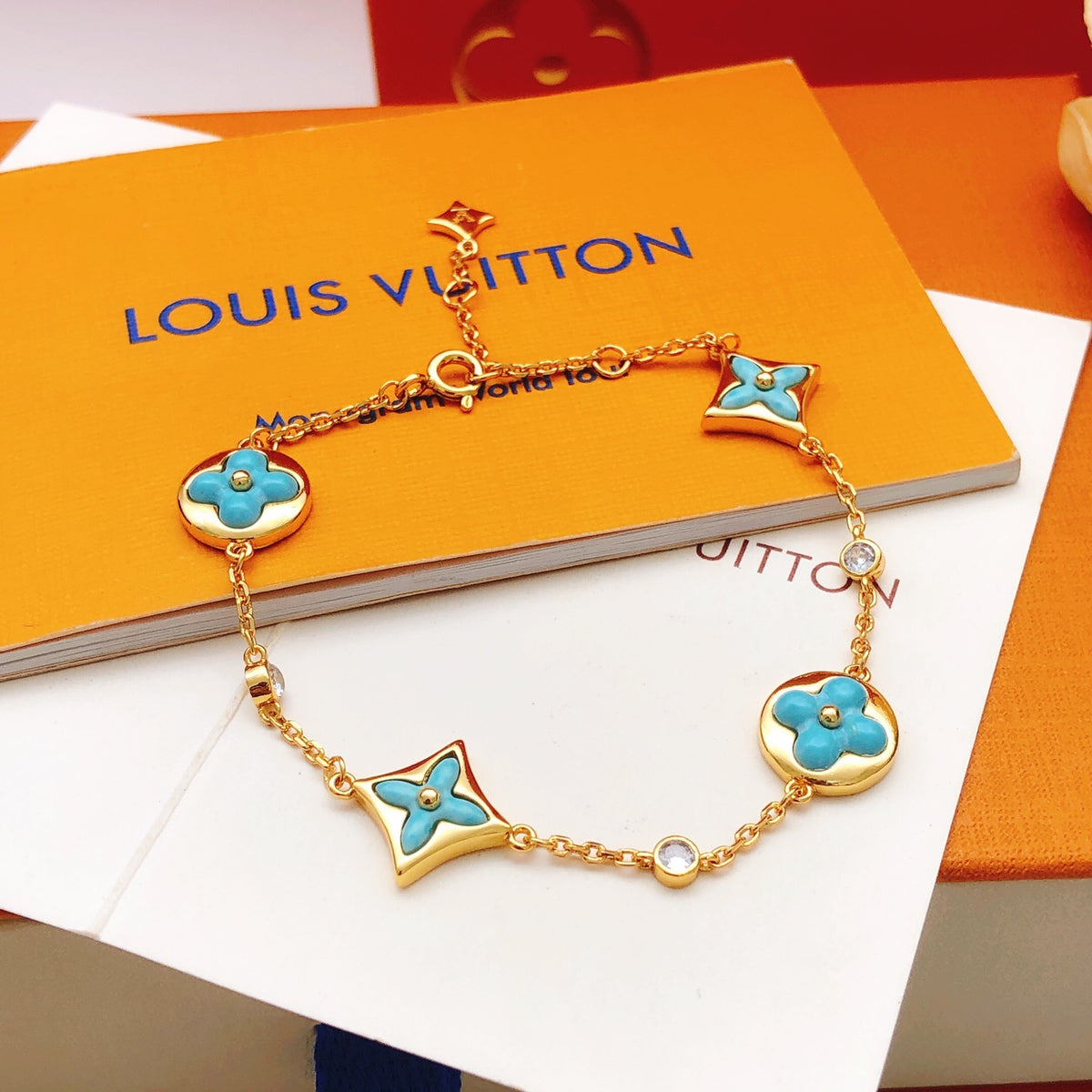 Geometric Emblem Bracelet in Gold-Tone – Blue Detail – Design 013 main product view