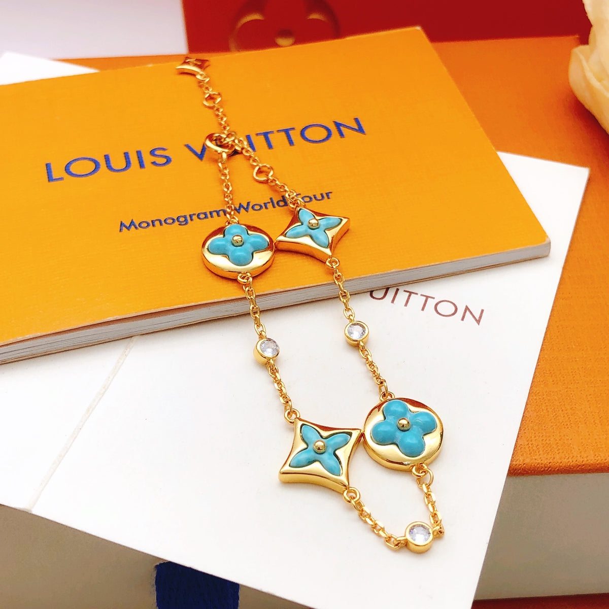 Geometric Emblem Bracelet in Gold-Tone – Blue Detail – Design 013 front product view