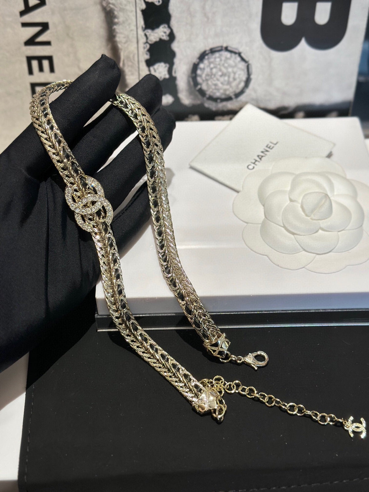 Signature Emblem Pendant Necklace in Polished Metal-Tone – Black Detail side detail