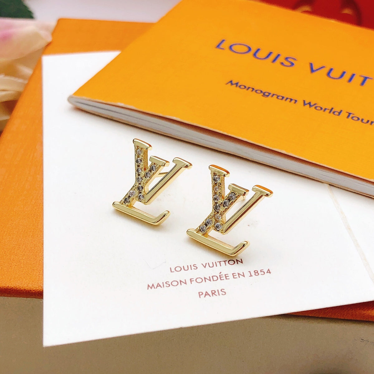 Geometric Emblem Stud Earrings in Gold-Tone – Design 031 front product view