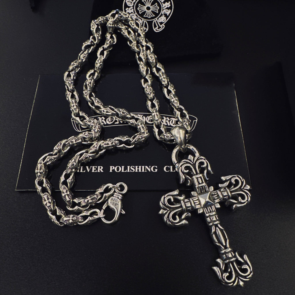 Cross Pendant Necklace in Antique Silver-Tone – Design 12 side detail