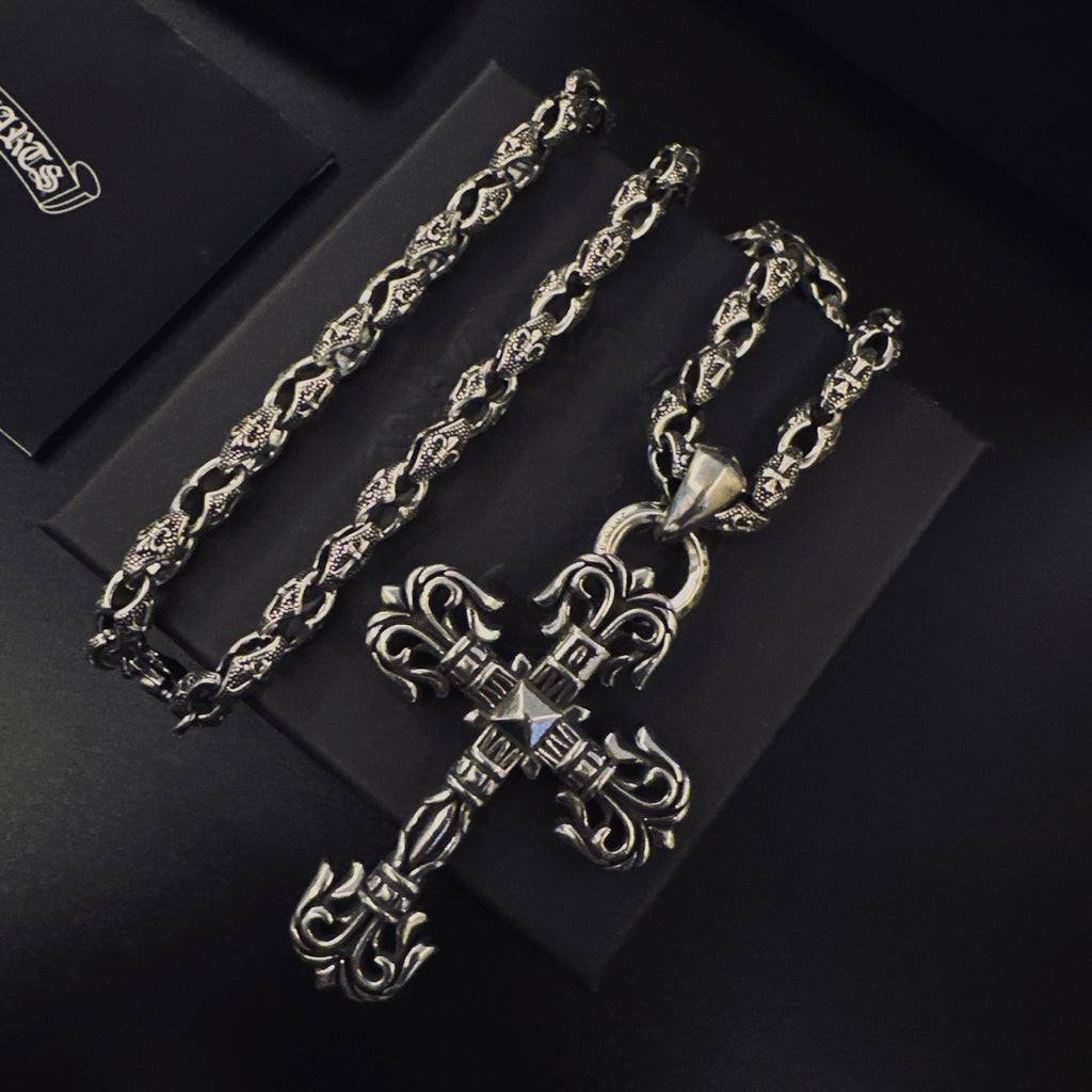 Cross Pendant Necklace in Antique Silver-Tone – Design 12 front product view