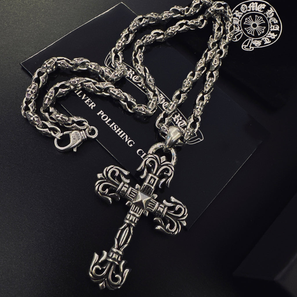Cross Pendant Necklace in Antique Silver-Tone – Design 12 detail view