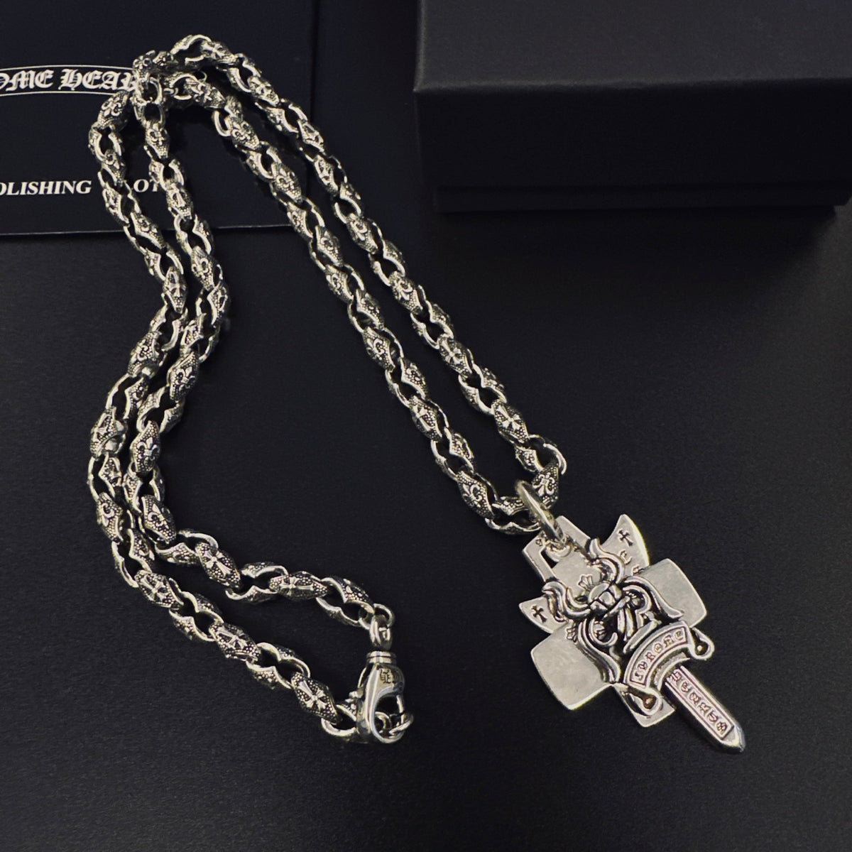 Signature Emblem Pendant Necklace in Polished Metal-Tone – Design 039 side detail
