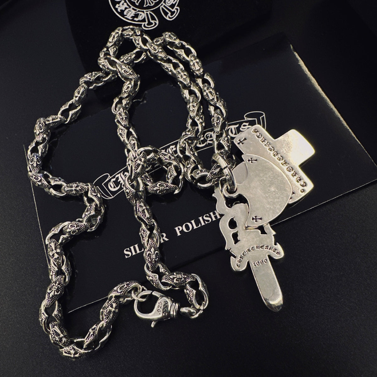 Signature Emblem Pendant Necklace in Polished Metal-Tone – Design 039 close-up detail