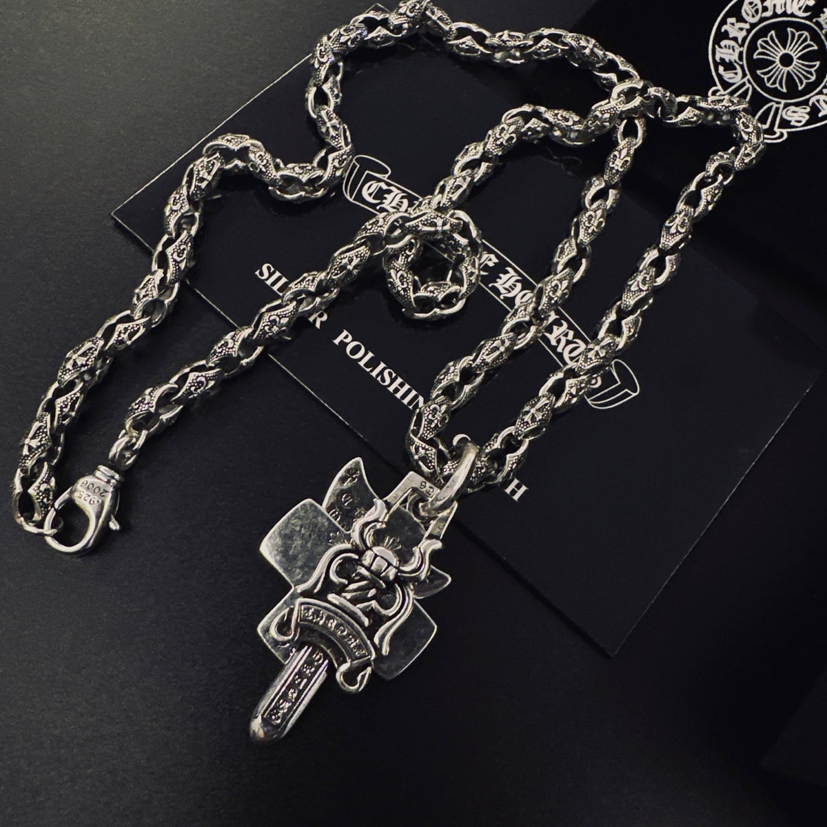 Signature Emblem Pendant Necklace in Polished Metal-Tone – Design 039 detail view