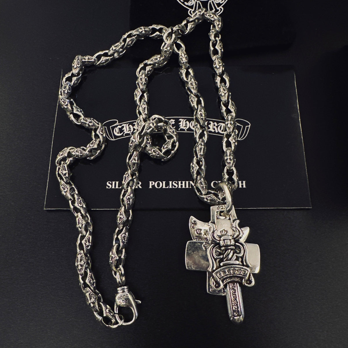 Signature Emblem Pendant Necklace in Polished Metal-Tone – Design 039 detail view
