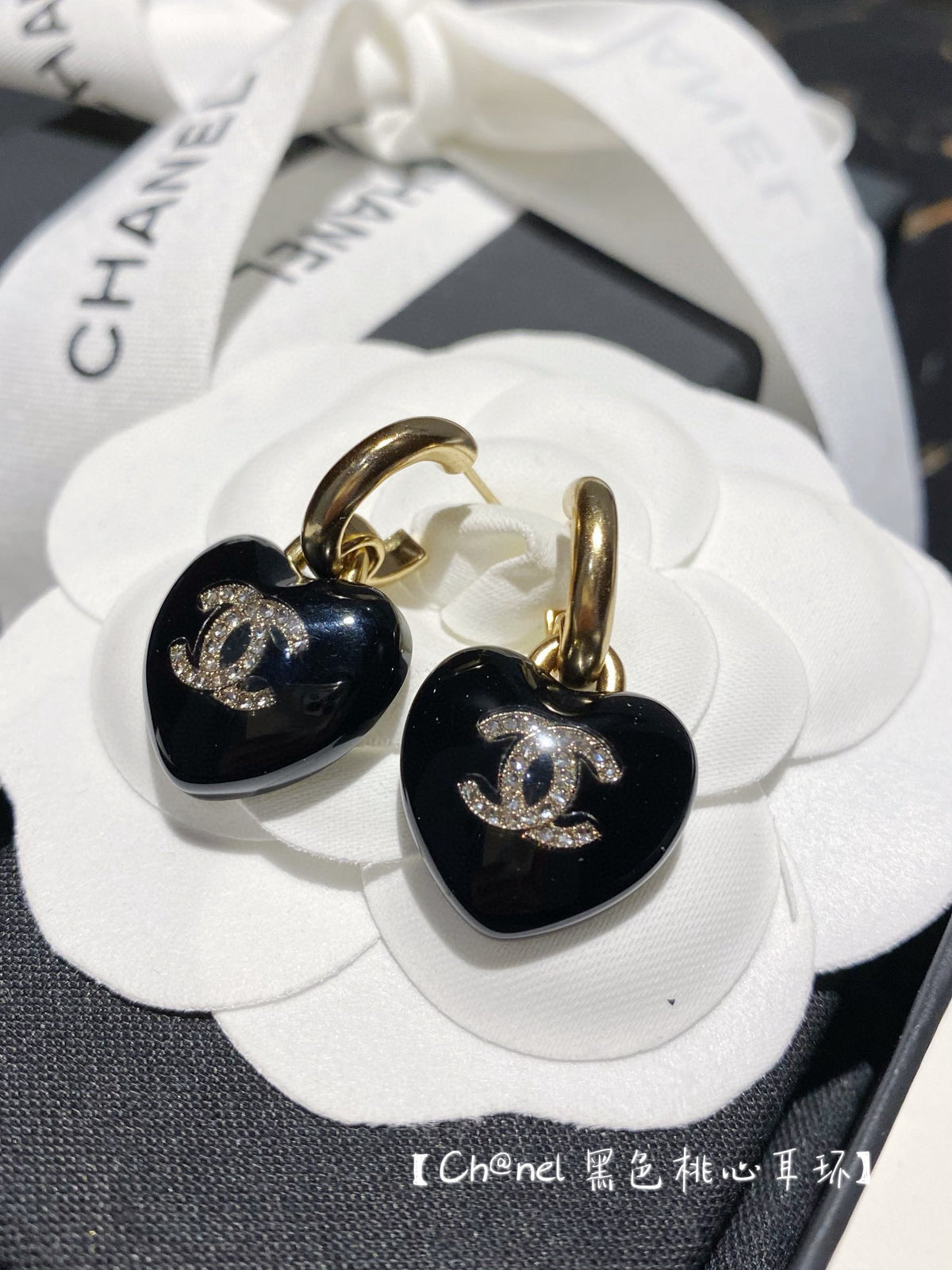 Double-C Emblem Crystal-Accent Statement Earrings – Heart Detail – Design 007 side detail