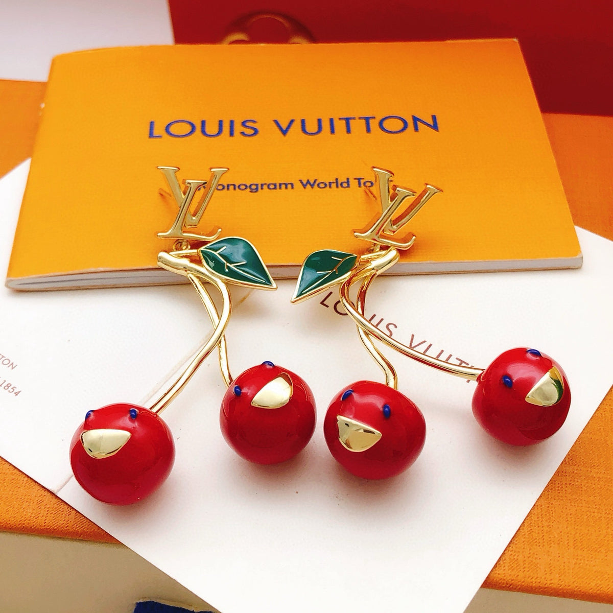 Geometric Emblem Stud Earrings in Gold-Tone – Red Detail main product view