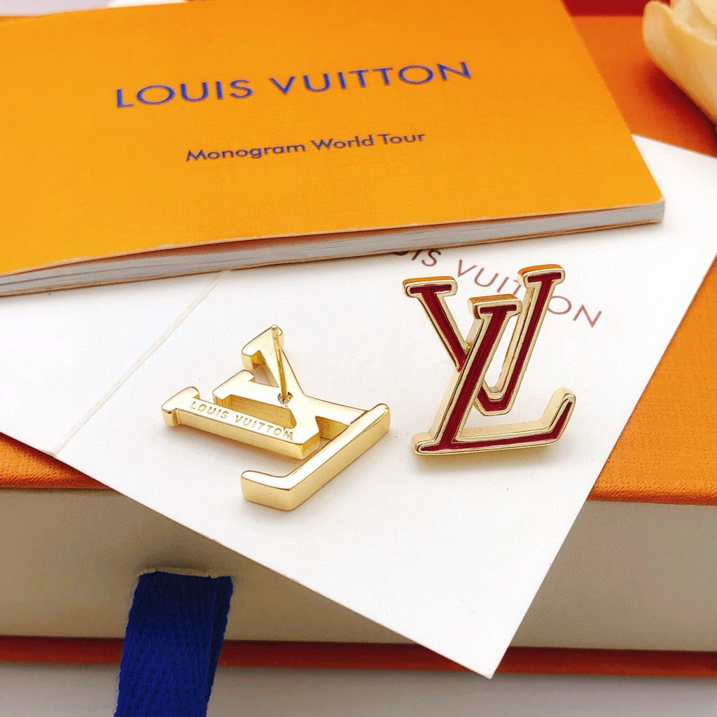 Geometric Emblem Stud Earrings in Gold-Tone – Red Detail – Design 003 side detail