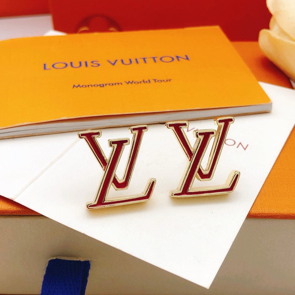 Geometric Emblem Stud Earrings in Gold-Tone – Red Detail – Design 003 main product view