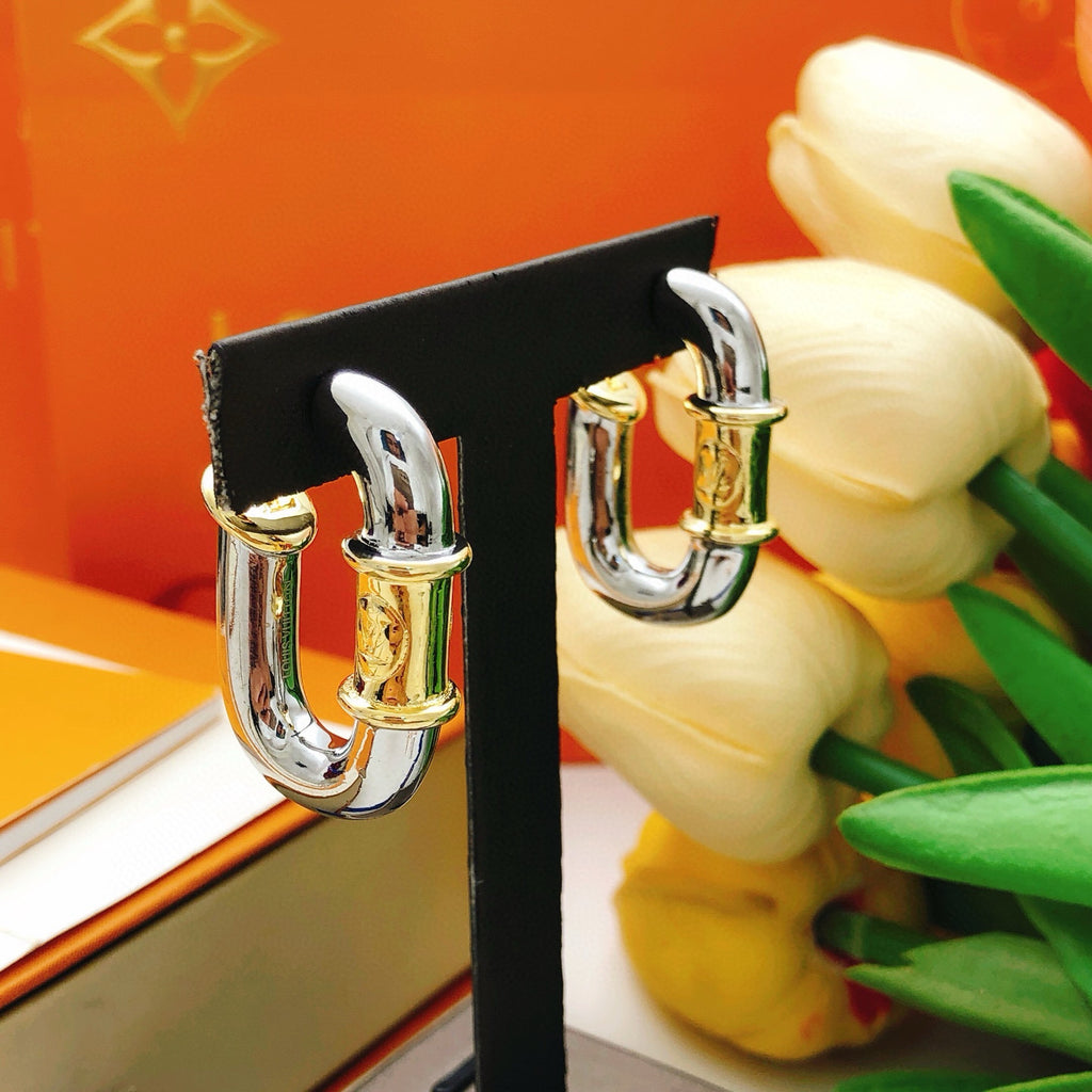 Geometric Emblem Statement Earrings in Silver-Tone – Silver Detail – Design 006 styled product view
