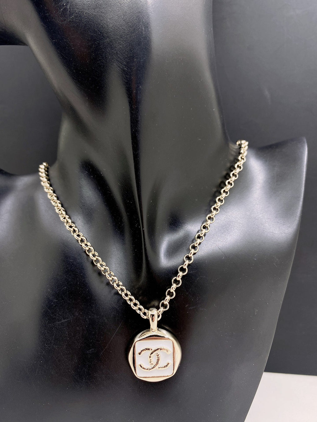 Signature Emblem Pendant Necklace in Gold-Tone – White Detail – Design 005 front product view