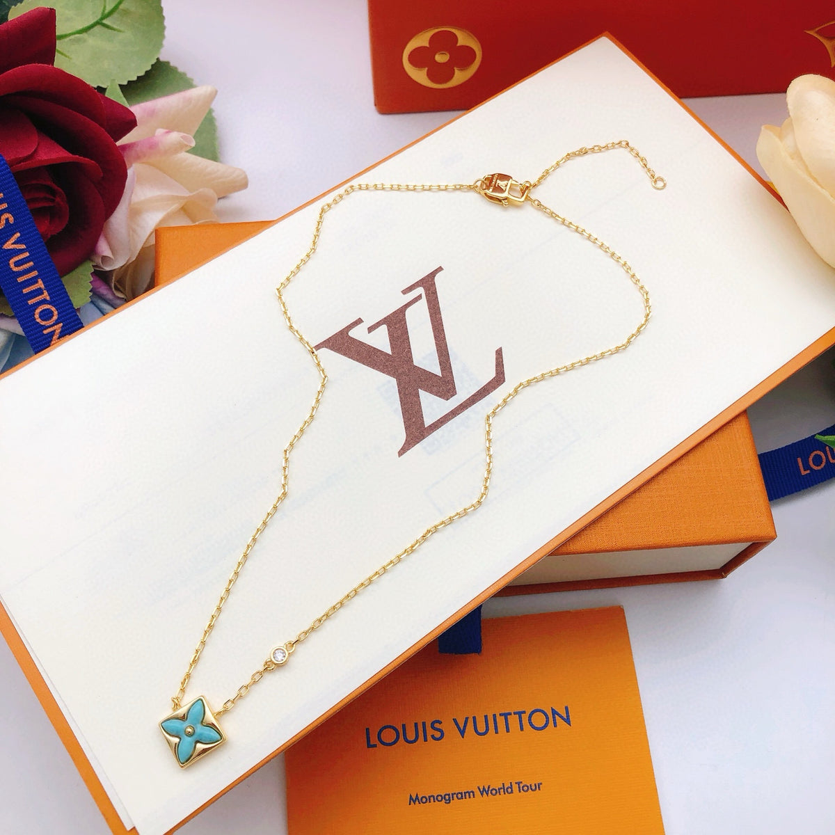 Geometric Emblem Pendant Necklace in Gold-Tone – Blue Detail – Design 004 main product view