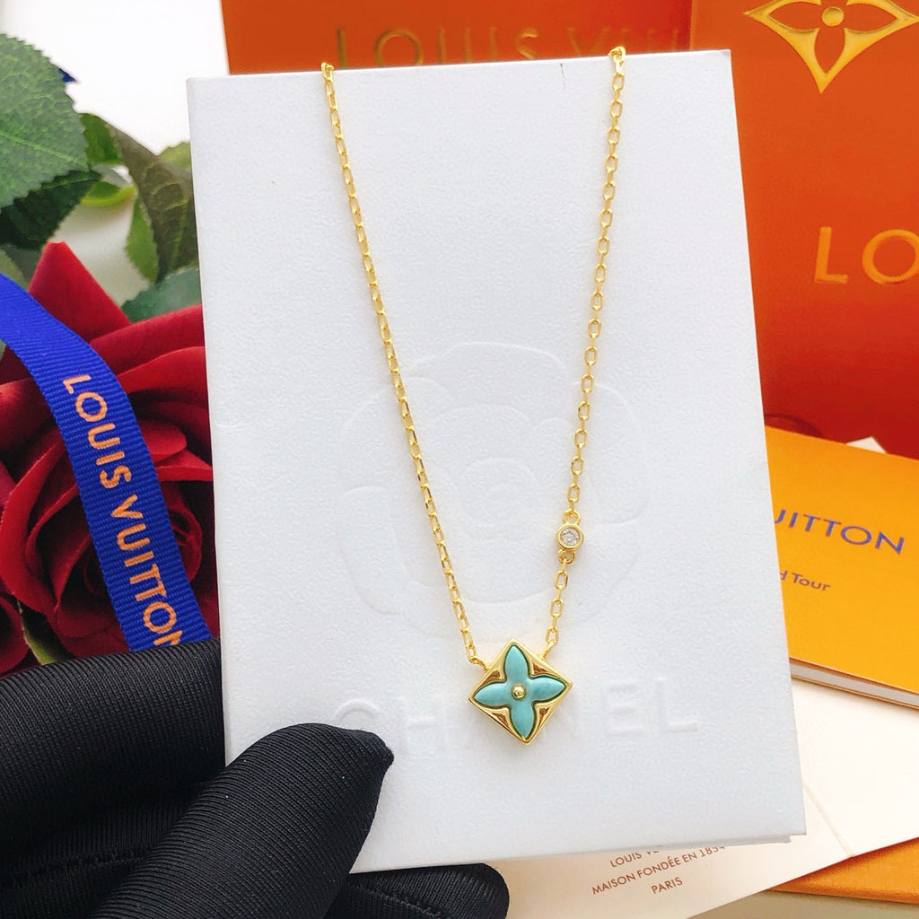 Geometric Emblem Pendant Necklace in Gold-Tone – Blue Detail – Design 004 front product view