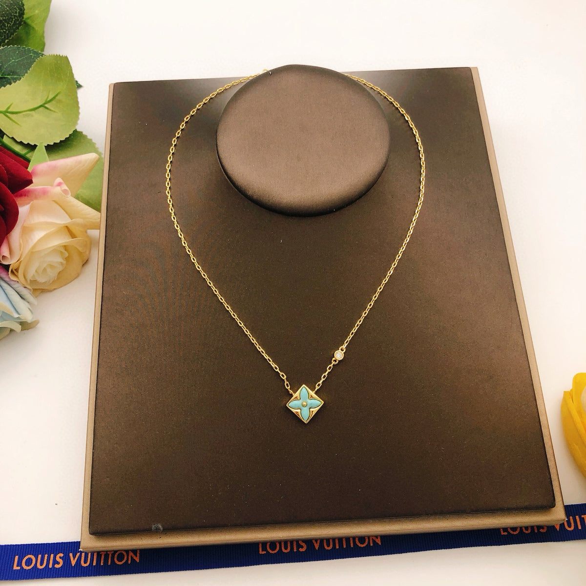 Geometric Emblem Pendant Necklace in Gold-Tone – Blue Detail – Design 004 detail view