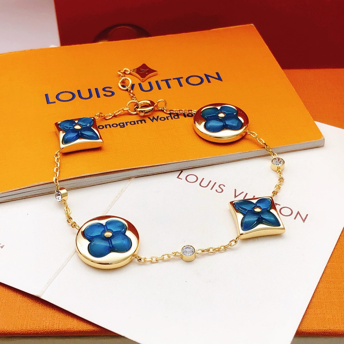 Geometric Emblem Bracelet in Gold-Tone – Blue Detail – Design 003 main product view