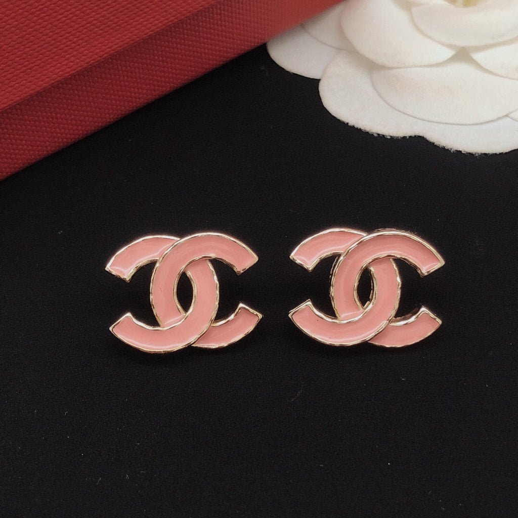 Signature Emblem Stud Earrings in Gold-Tone – Pink Detail main product view