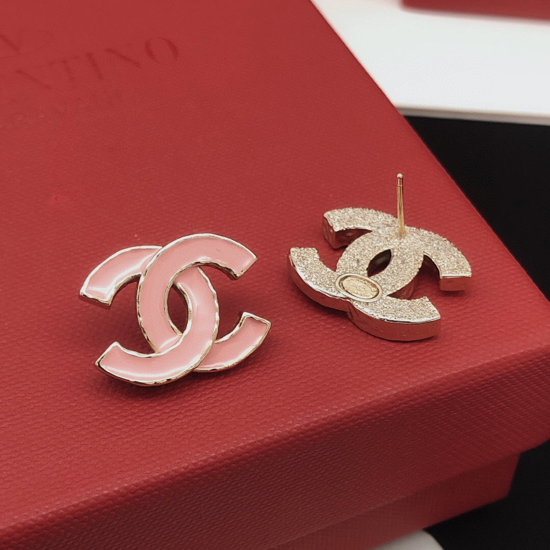 Signature Emblem Stud Earrings in Gold-Tone – Pink Detail front product view