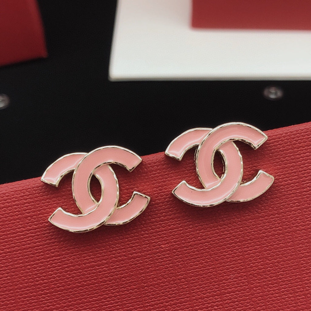 Signature Emblem Stud Earrings in Gold-Tone – Pink Detail side detail