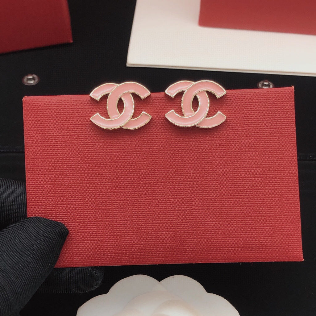 Signature Emblem Stud Earrings in Gold-Tone – Pink Detail styled product view