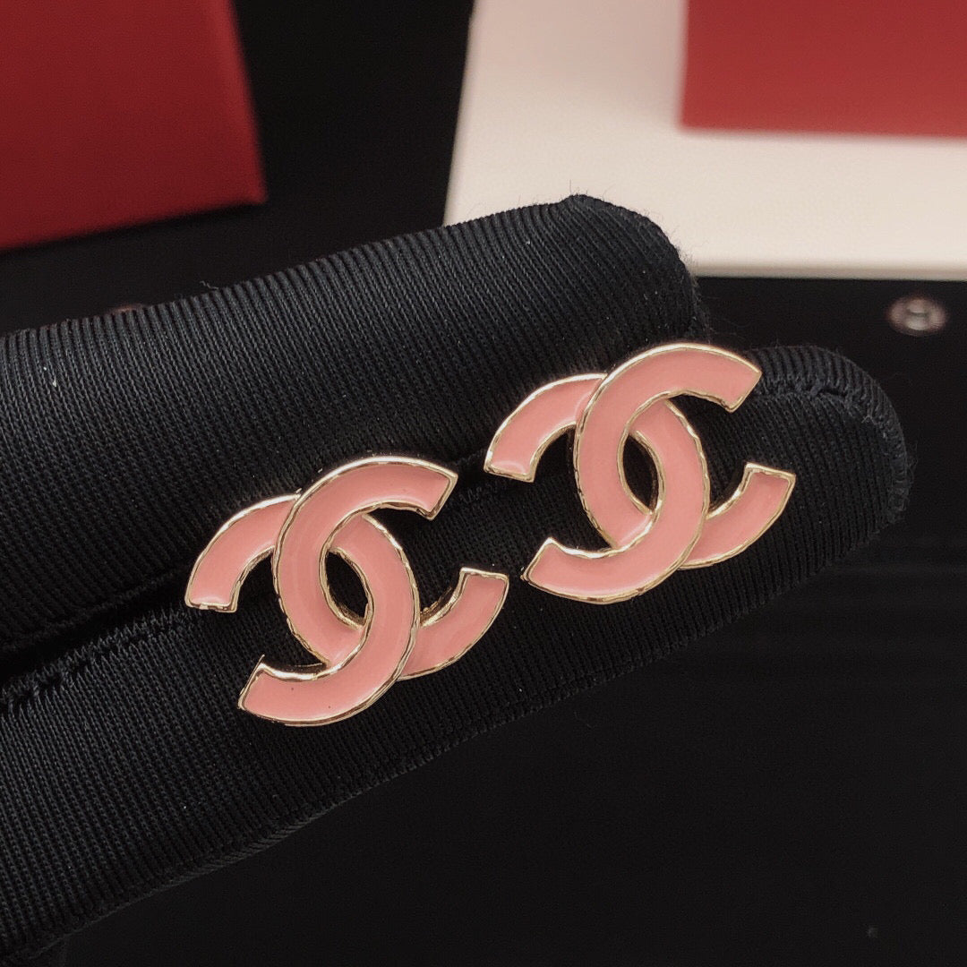 Signature Emblem Stud Earrings in Gold-Tone – Pink Detail main product view