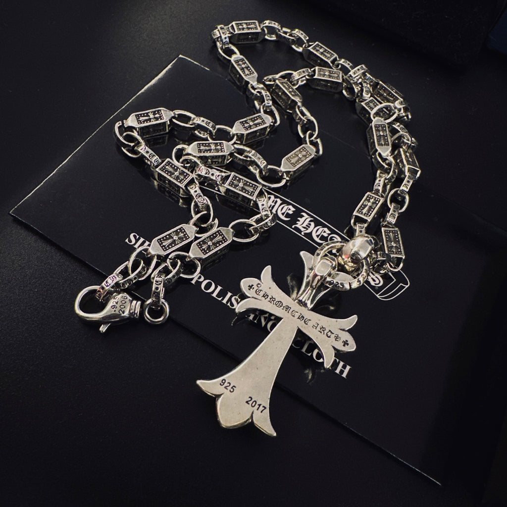 Gothic Emblem Pendant Necklace in Antique Silver-Tone – Design 12 detail view