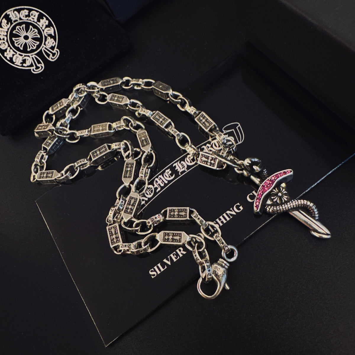 Gothic Emblem Pendant Necklace in Antique Silver-Tone – Design 08 detail view