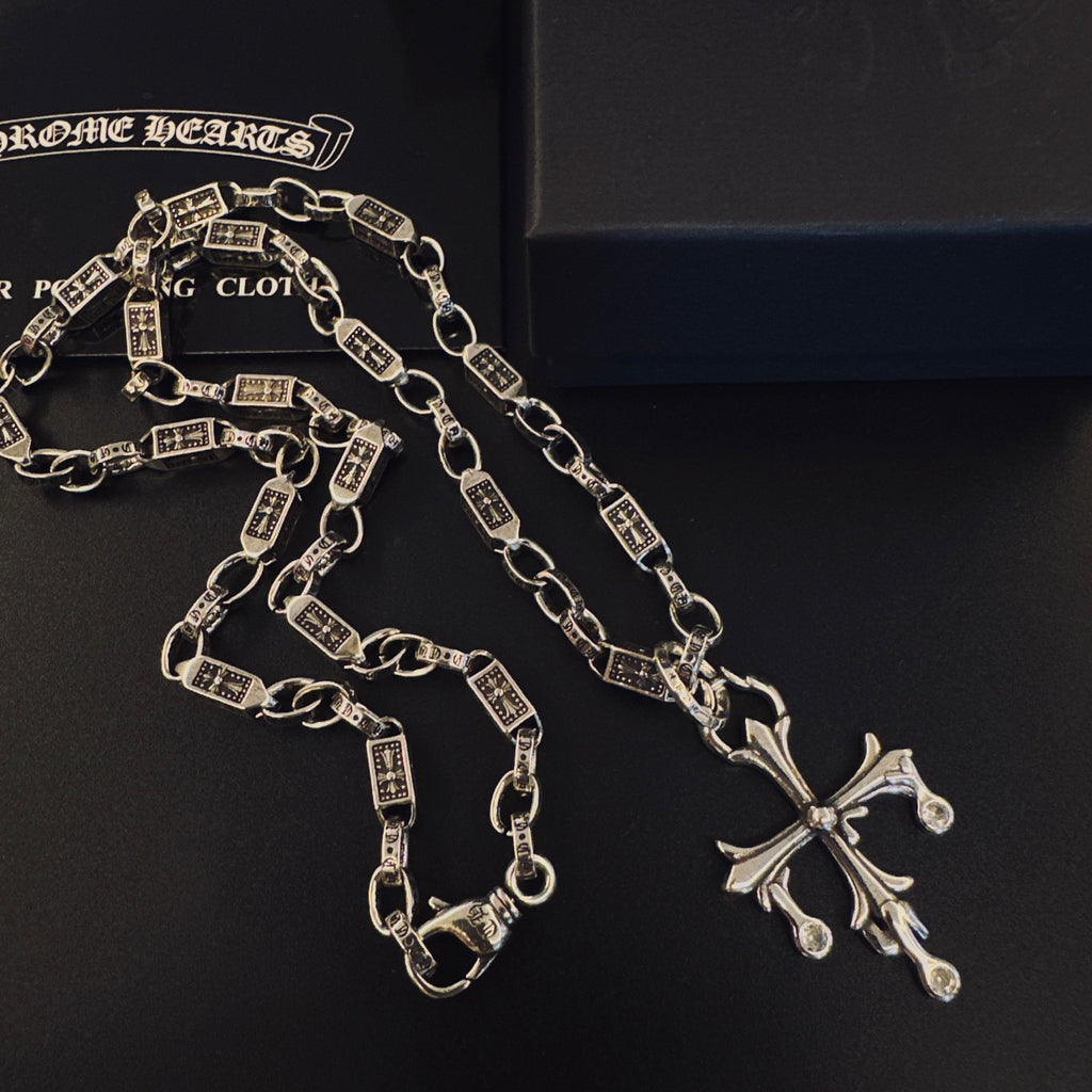 Gothic Emblem Pendant Necklace in Antique Silver-Tone – Design 06 styled product view