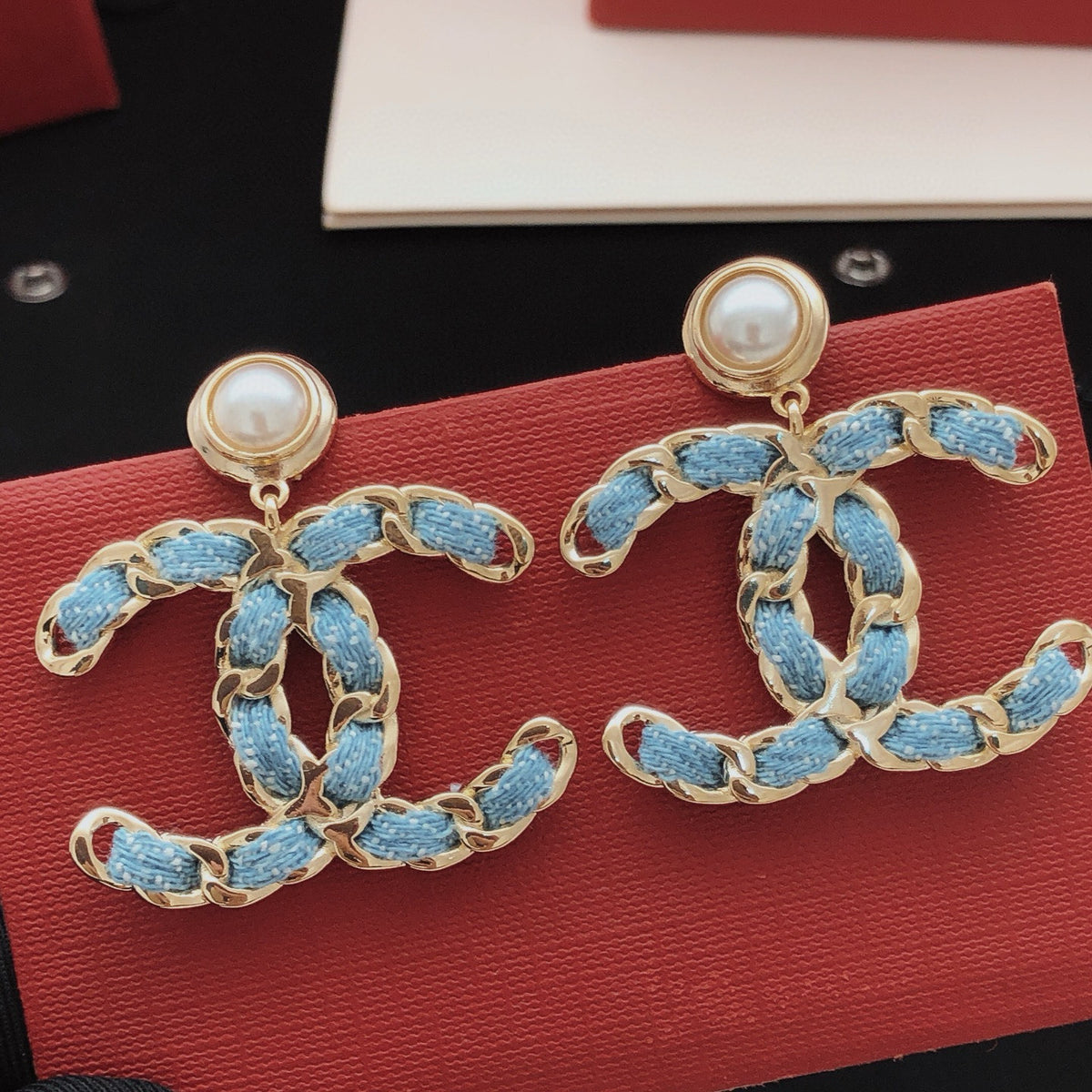 Signature Emblem Statement Earrings in Gold-Tone – Blue Detail – Design 006 main product view