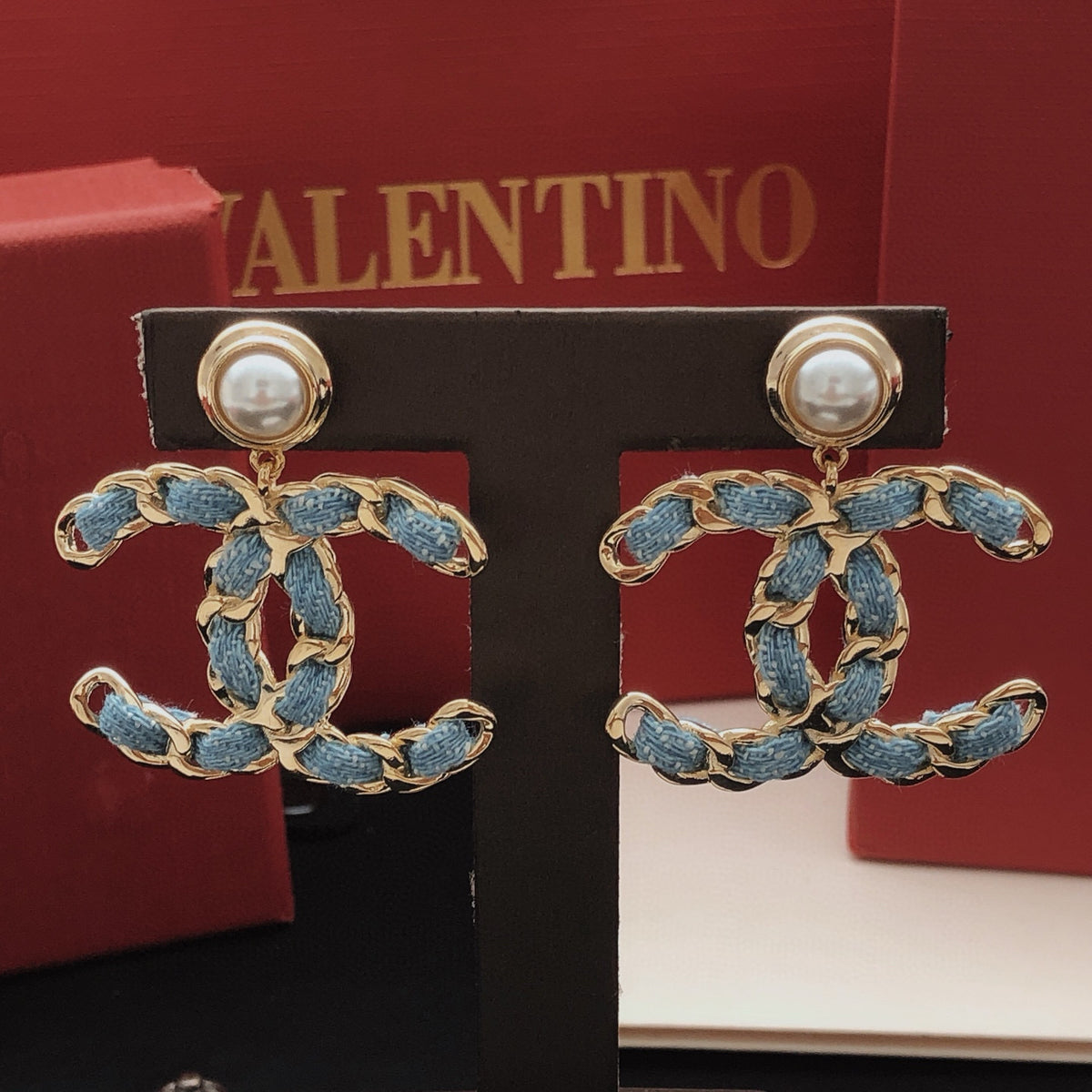 Signature Emblem Statement Earrings in Gold-Tone – Blue Detail – Design 006 detail view