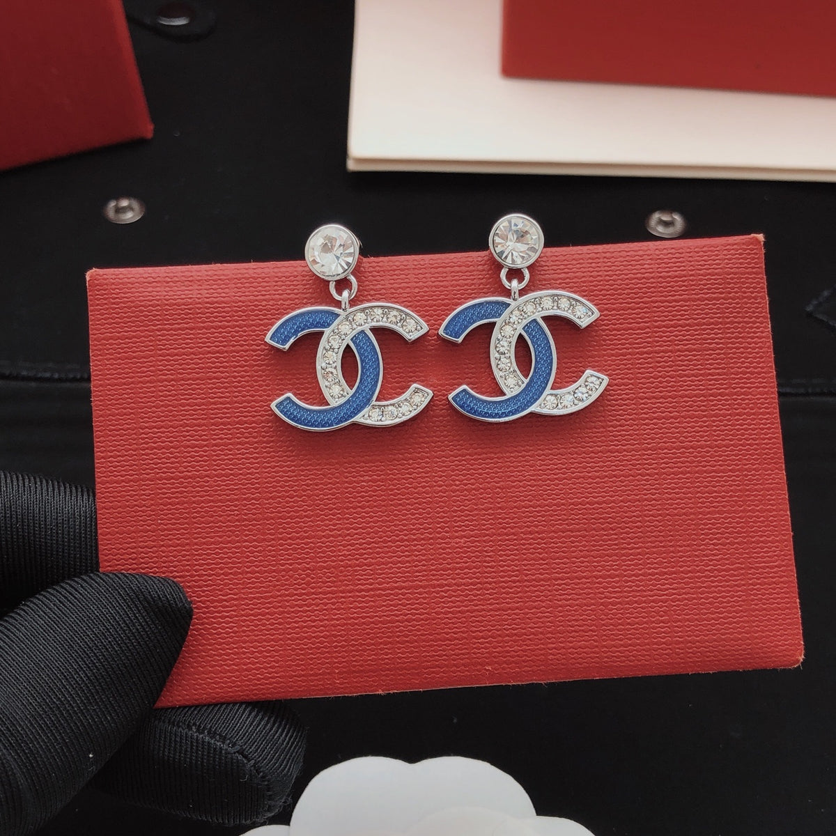 Signature Emblem Stud Earrings in Gold-Tone – Blue Detail side detail