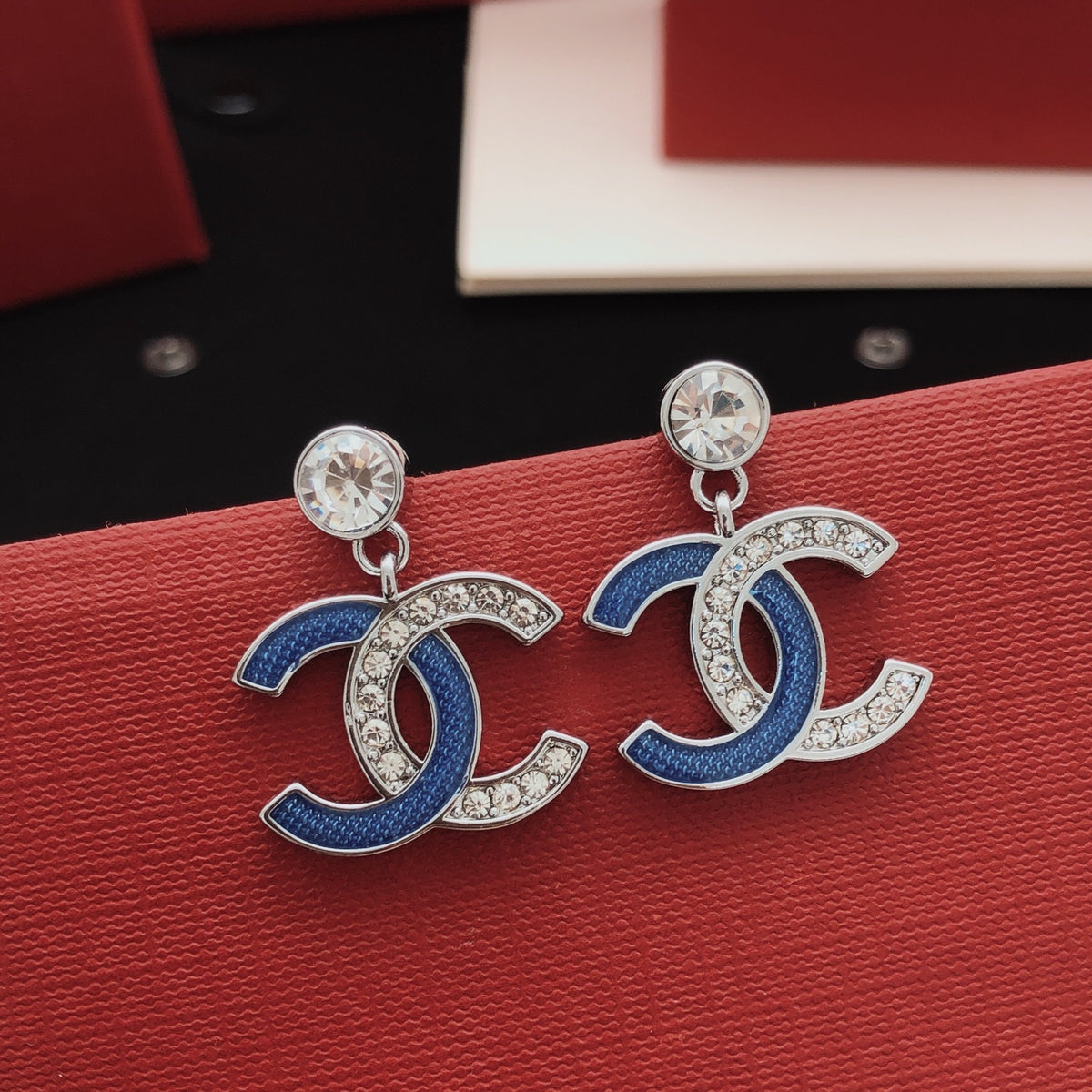 Signature Emblem Stud Earrings in Gold-Tone – Blue Detail detail view