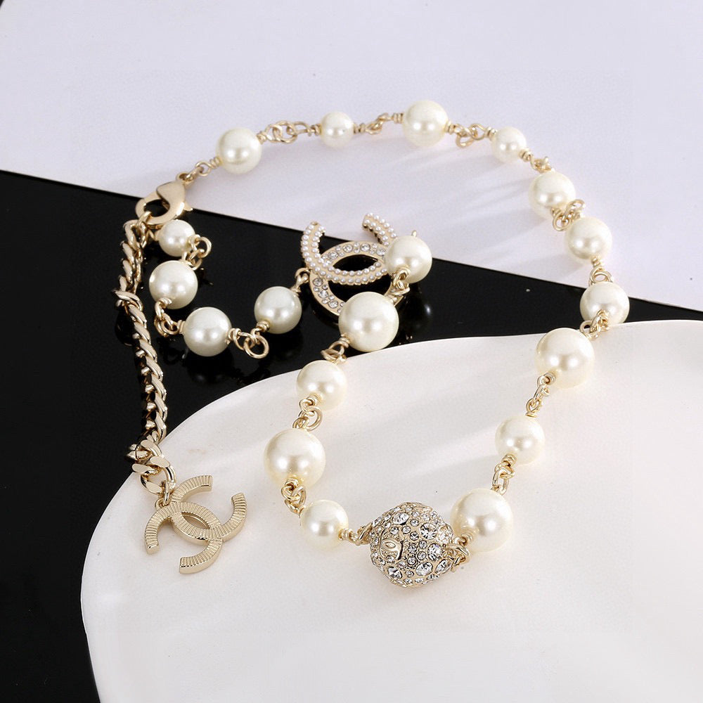 Double-C Emblem Pearl-Detail Pendant Necklace – Pearl Detail – Design 058 main product view