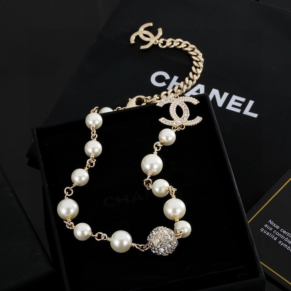 Double-C Emblem Pearl-Detail Pendant Necklace – Pearl Detail – Design 058 main product view