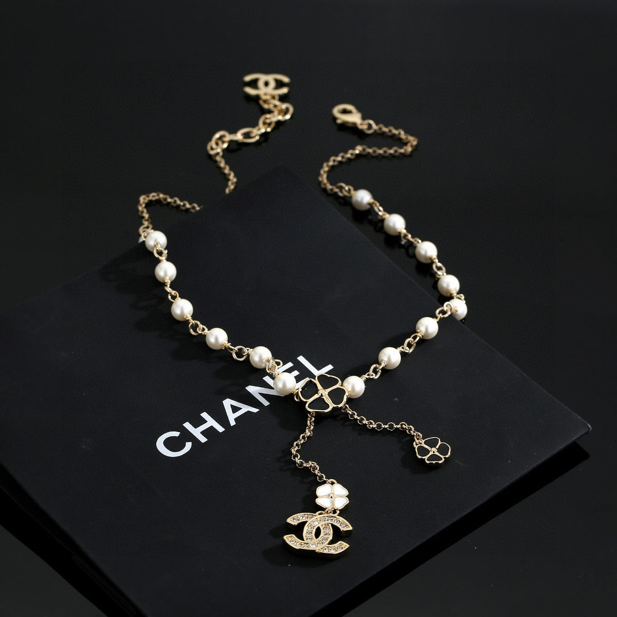 Double-C Emblem Pearl-Detail Pendant Necklace – Pearl Detail – Design 057 front product view