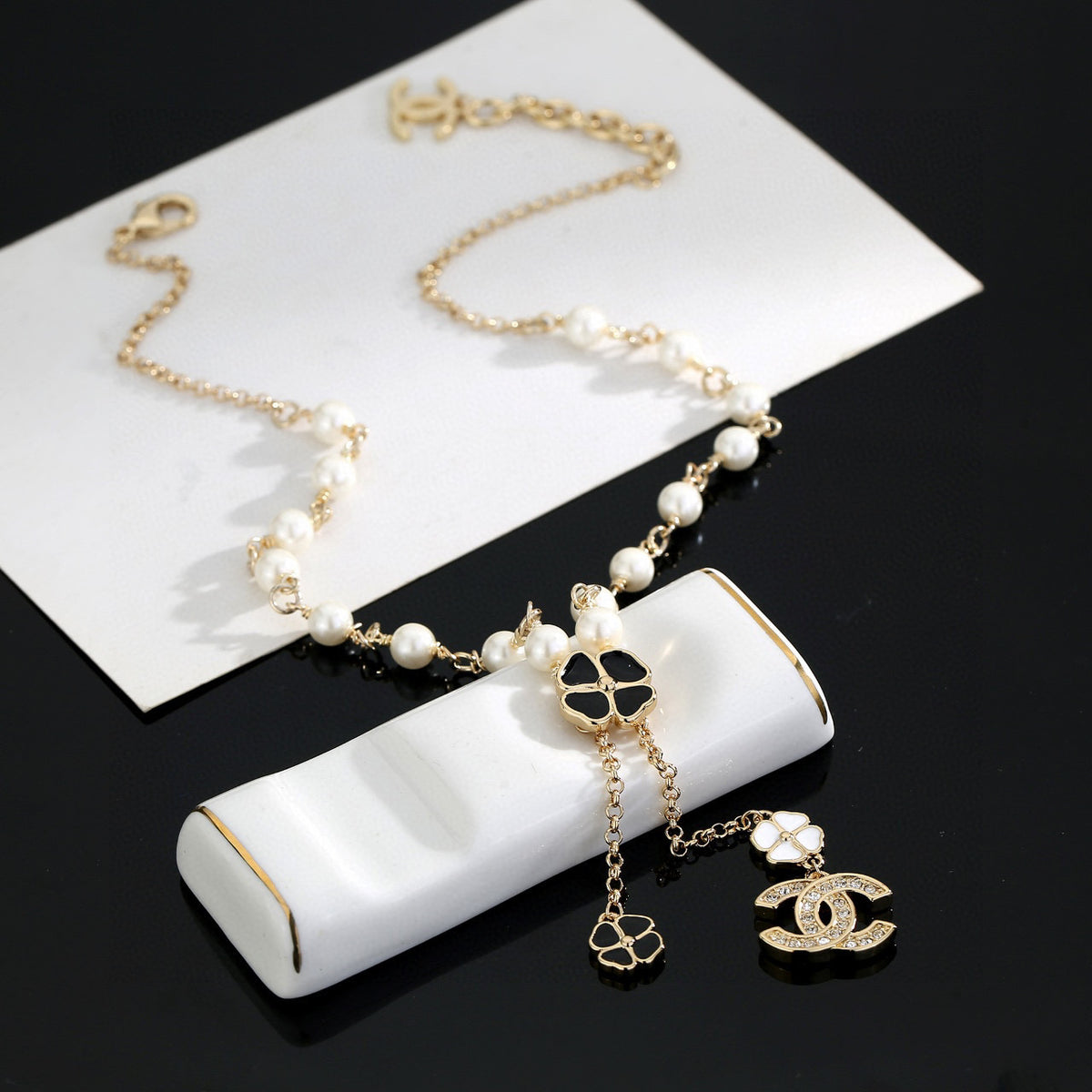 Double-C Emblem Pearl-Detail Pendant Necklace – Pearl Detail – Design 057 side detail
