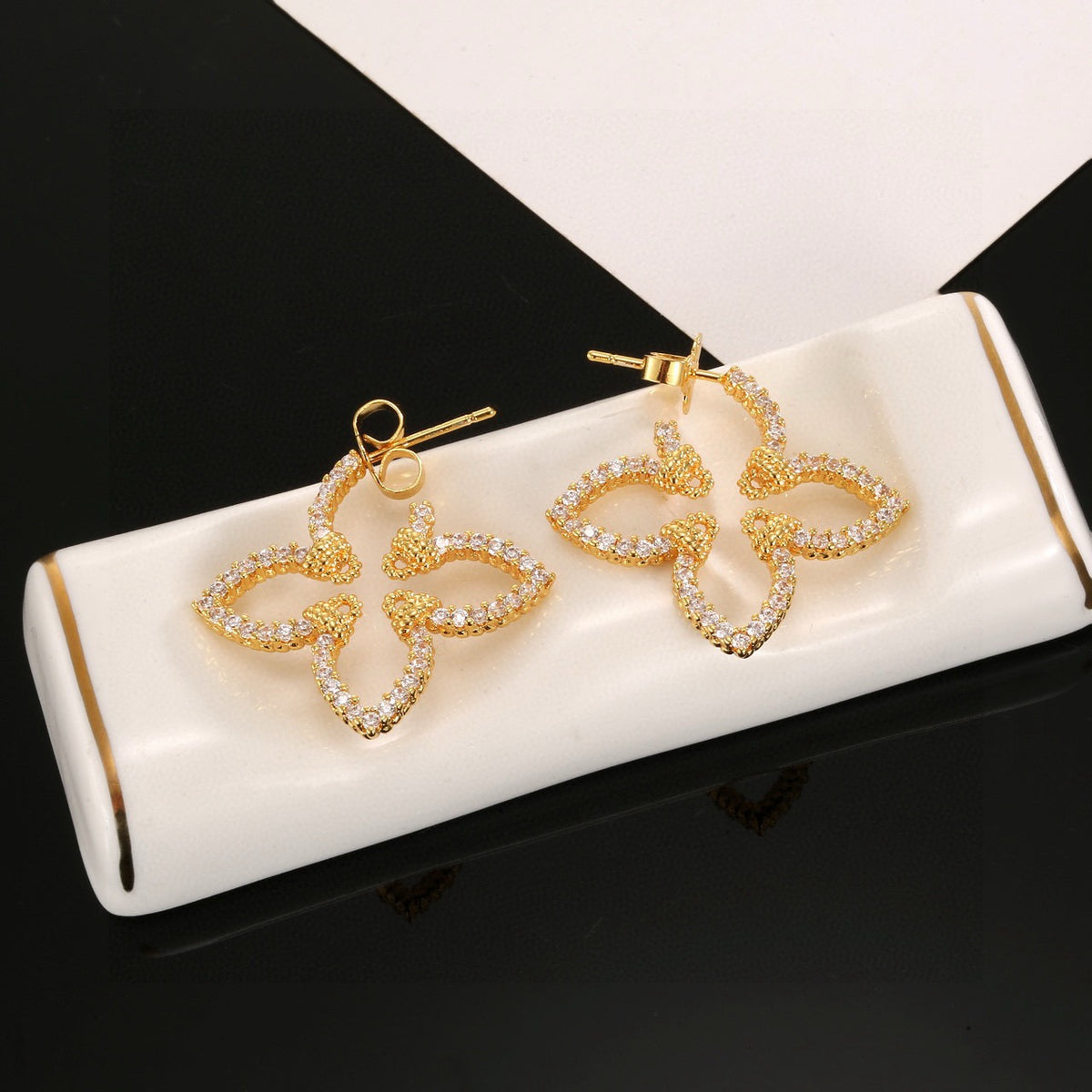 Clover Stud Earrings in Gold-Tone – Clover Detail – Design 004 styled product view