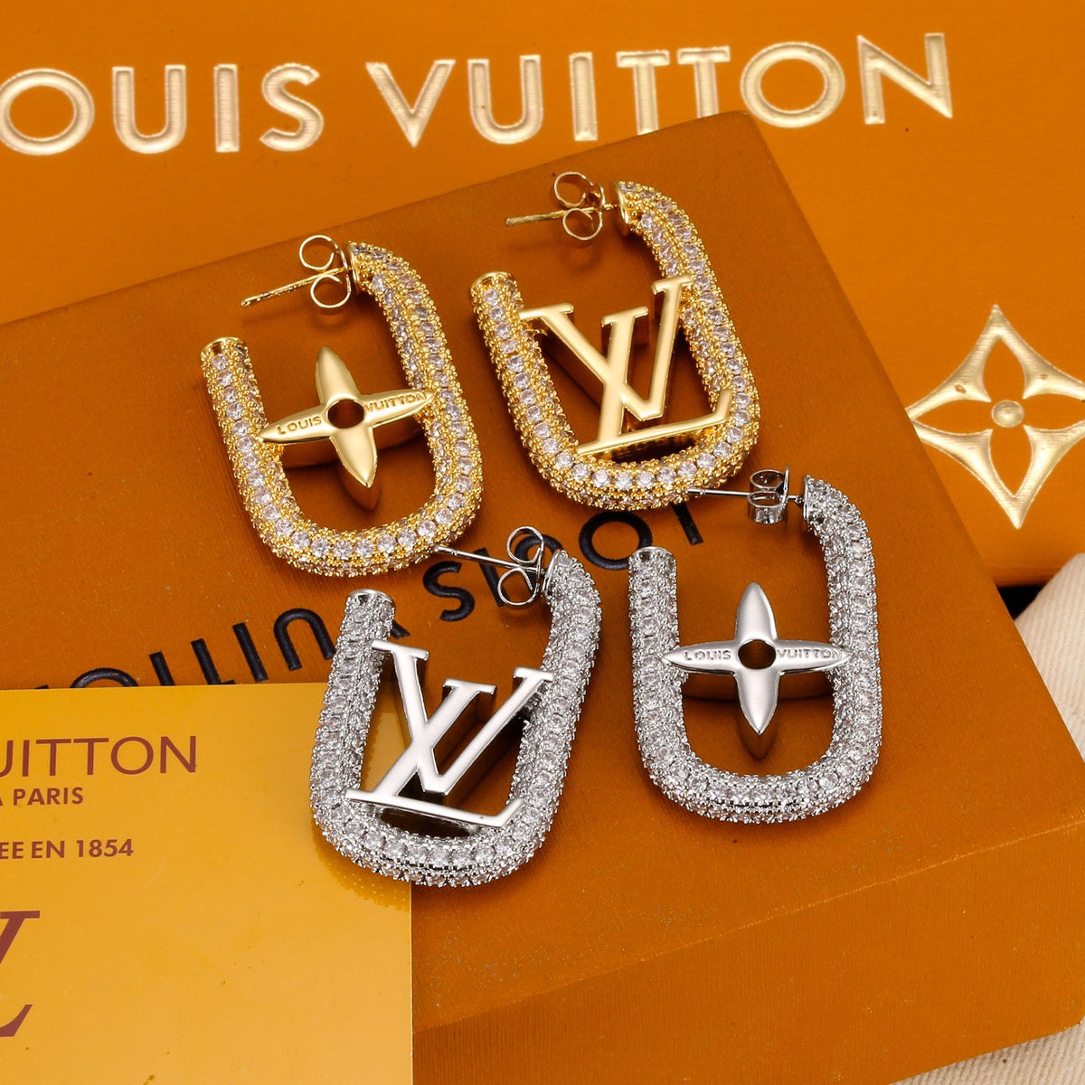 Letter Emblem Stud Earrings in Polished Metal-Tone – Design 016 main product view