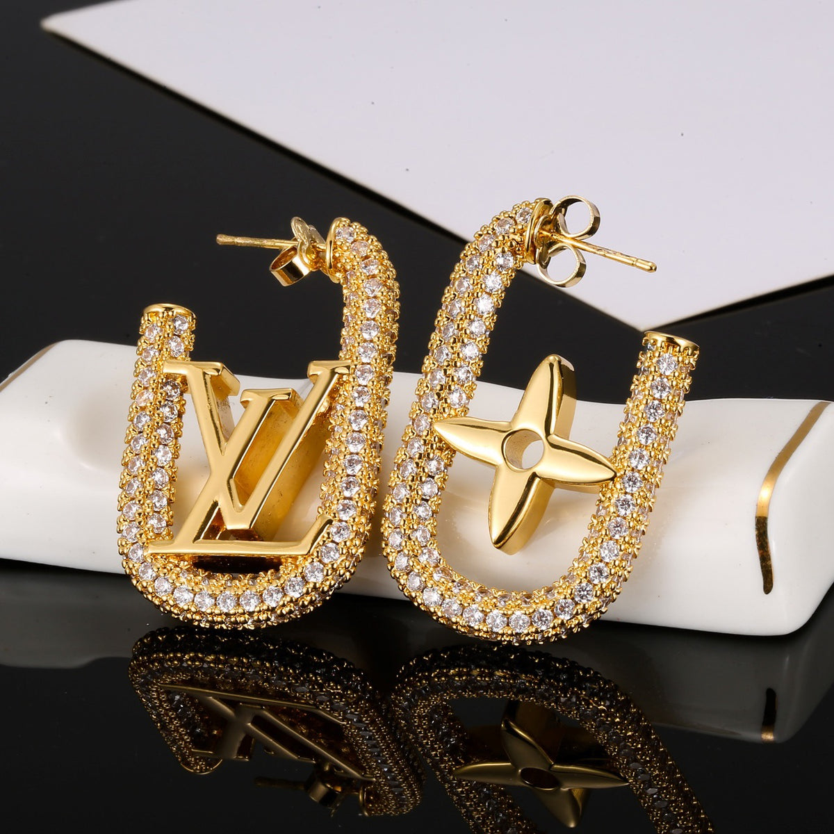 Letter Emblem Stud Earrings in Polished Metal-Tone – Design 016 side detail