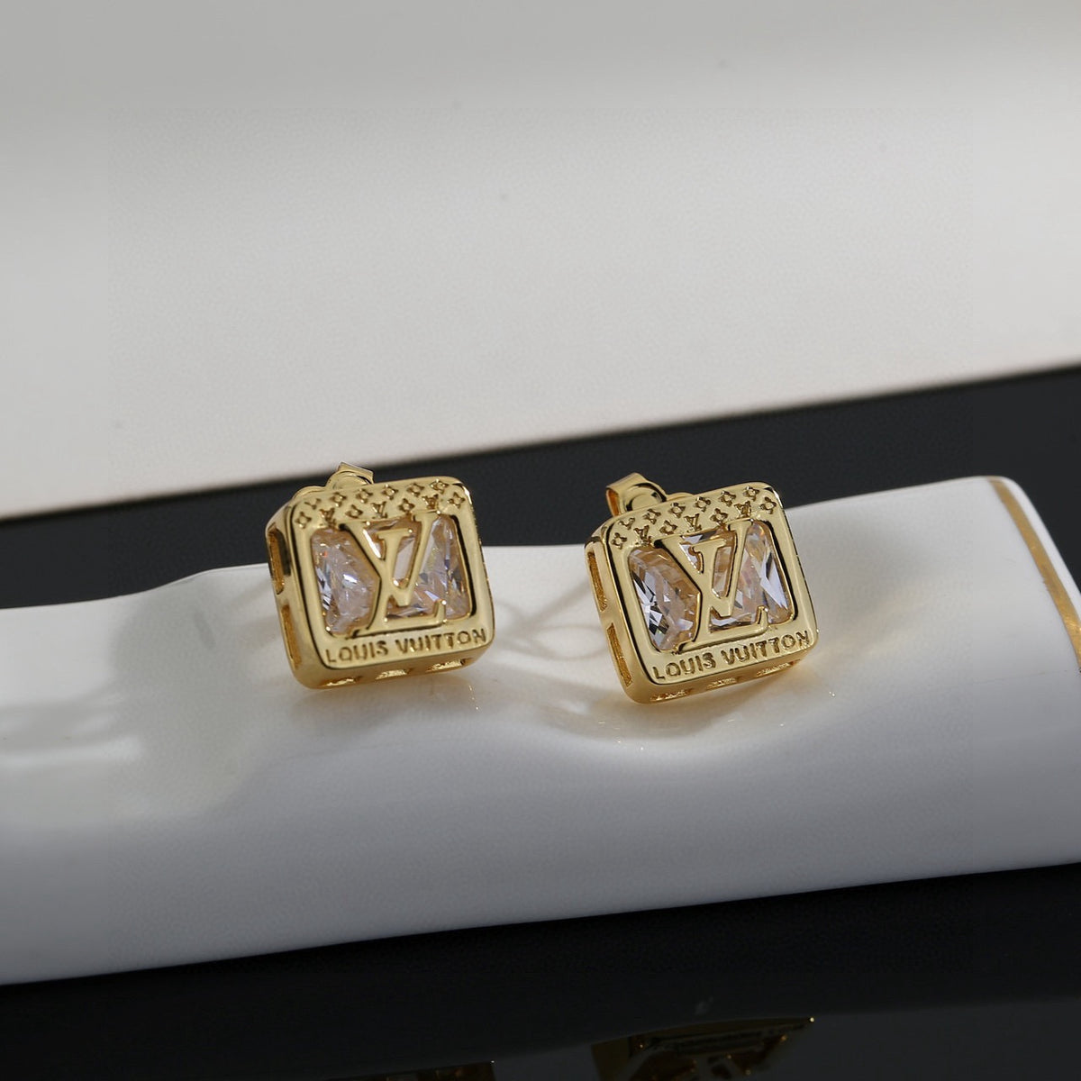 Geometric Emblem Stud Earrings in Polished Metal-Tone – Design 016 close-up detail