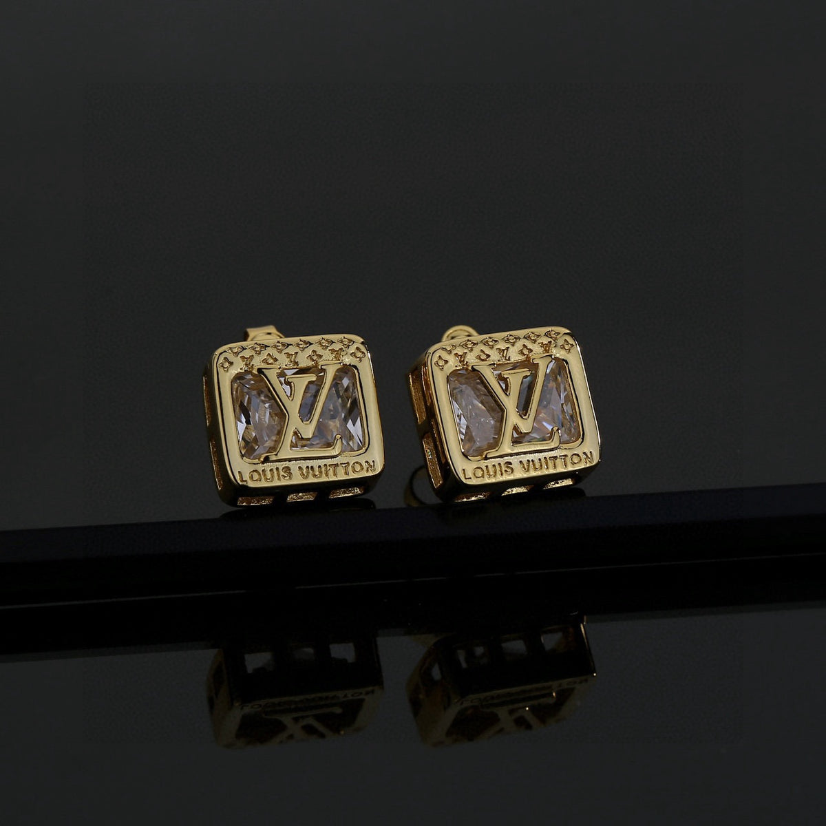 Geometric Emblem Stud Earrings in Polished Metal-Tone – Design 016 front product view