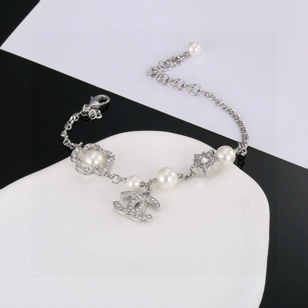Camellia Bracelet in Polished Metal-Tone – Pearl Detail – Design 002 side detail