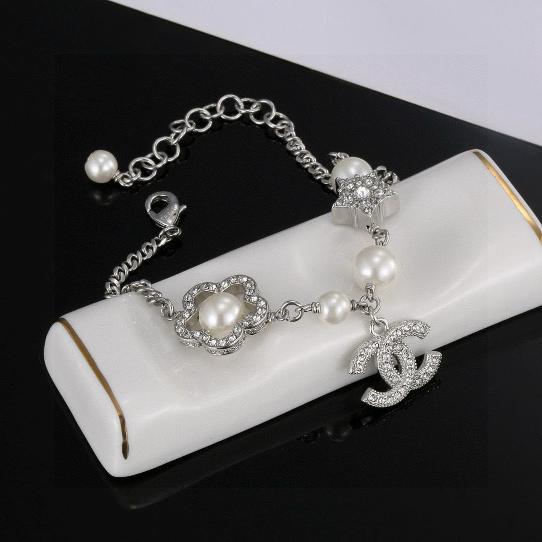 Camellia Bracelet in Polished Metal-Tone – Pearl Detail – Design 002 styled product view