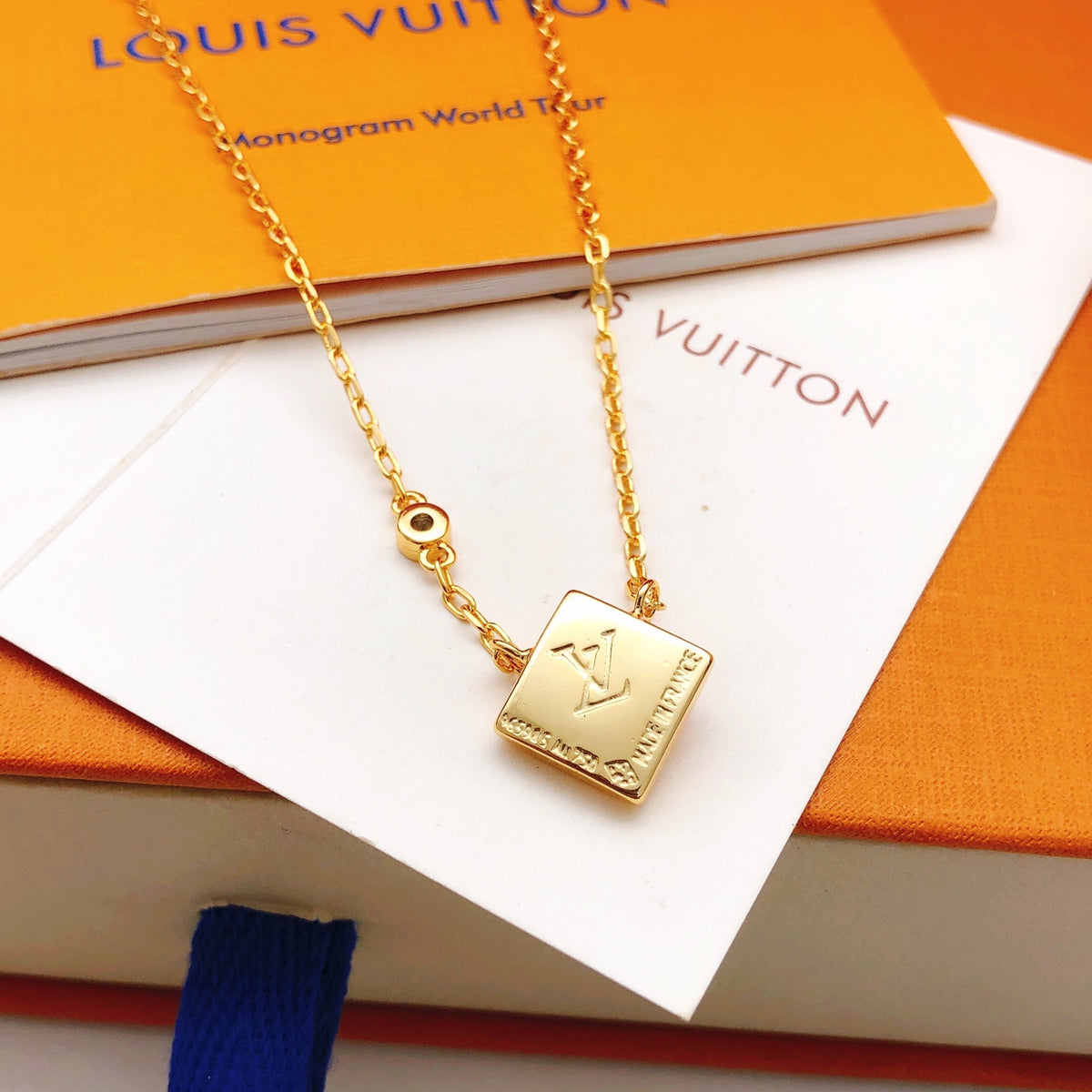 Geometric Emblem Pendant Necklace in Gold-Tone – Black Detail – Design 003 styled product view