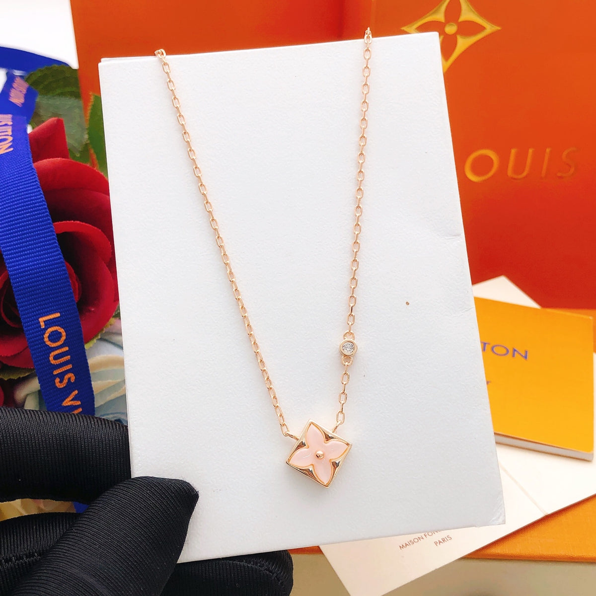 Geometric Emblem Pendant Necklace in Rose-Gold-Tone – Rose Gold Detail – Design 009 styled product view