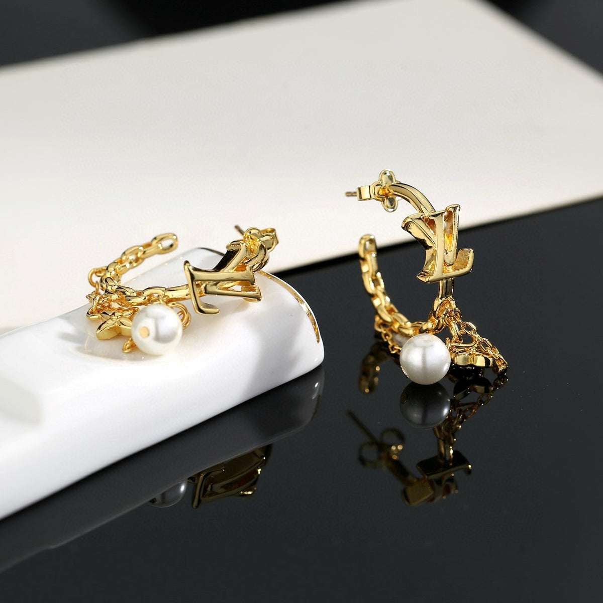Letter Emblem Stud Earrings in Polished Metal-Tone – Design 015 side detail