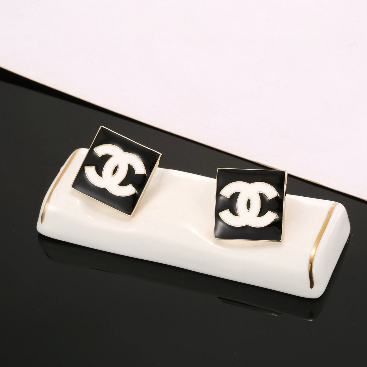 Double-C Emblem Stud Earrings in Gold-Tone – Design 015 side detail