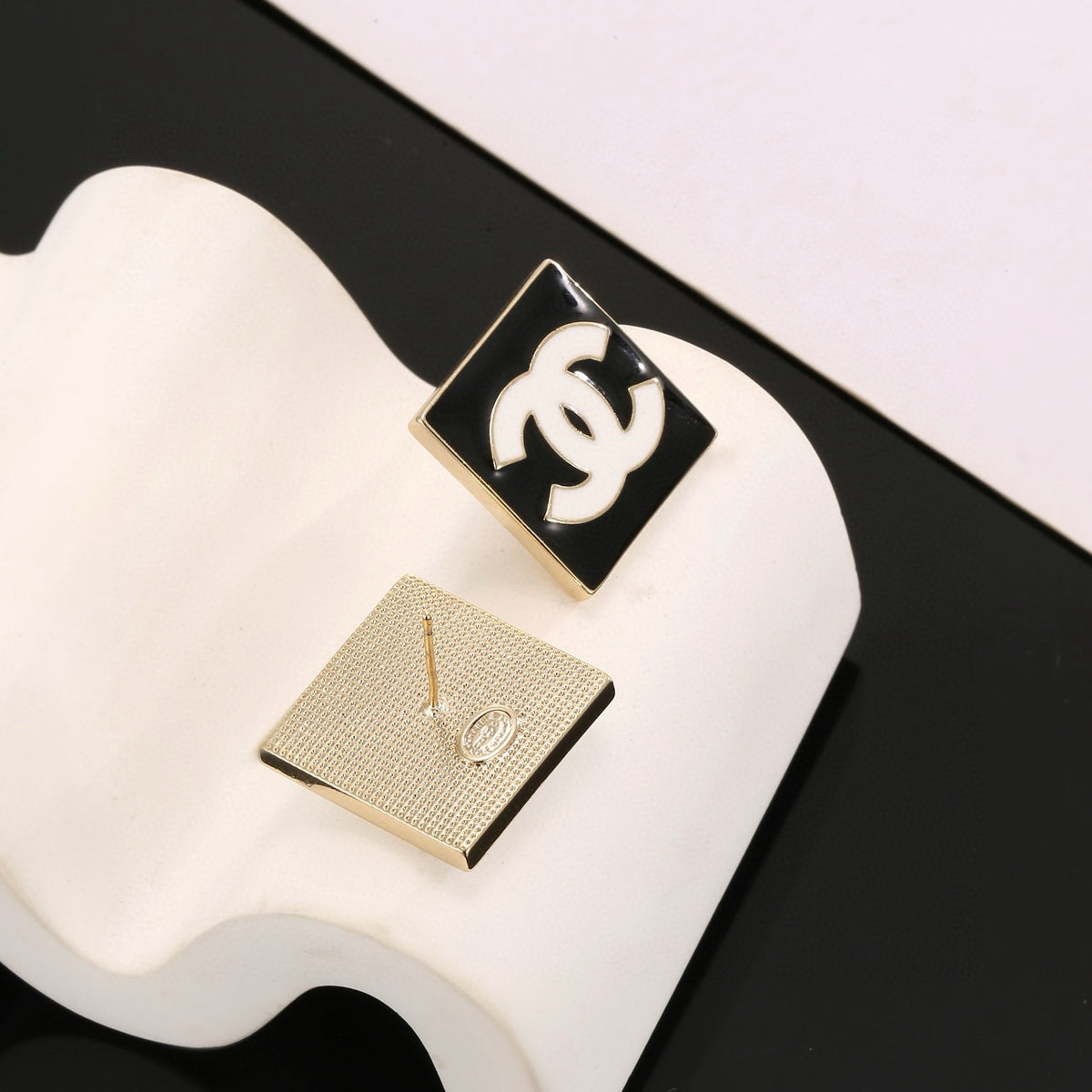 Double-C Emblem Stud Earrings in Gold-Tone – Design 015 styled product view
